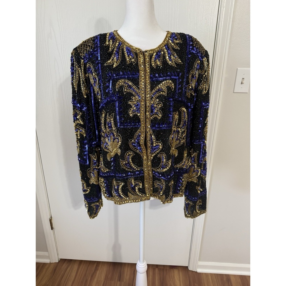 Vintage 80s Brilliante Sequin Beaded Purple and Gold Jacket Size Medium